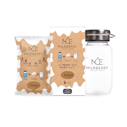 Starter Set Milk&Easy - mit Milchflasche: Kakao Box - H-Milch Pulver Vollmilch 6er Pack Starter Set - Alpenmilch Camping haltbar von Milk&Easy