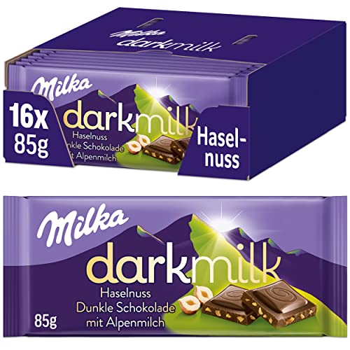 Milka Dark Milk Haselnuss 16 x 85g, Alpenmilch Schokolade mit extra Kakao, Noch schokoladiger von Milka