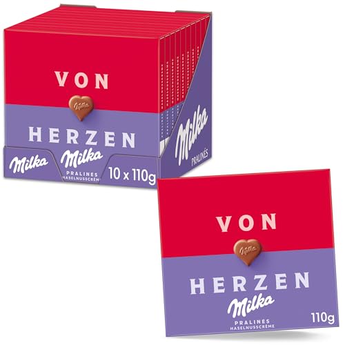 Von Herzen Milka 10 x 110g, Pralinen aus zarter Alpenmilch Schokolade, gefüllt mit Haselnusscreme Von Herzen Milka 10 x 110g, Pralinen aus zarter Alpenmilch Schokolade, gefüllt mit Haselnusscreme von Milka