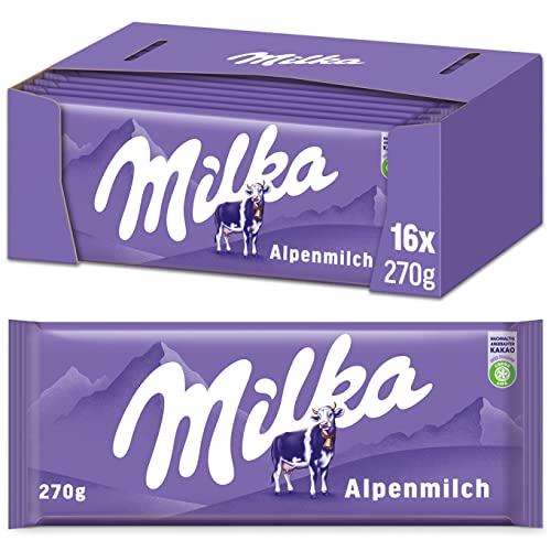 Milka Alpenmilch 16 x 270g Großtafel, Klassische zartschmelzende Schokoladentafel aus Alpenmilch von Milka
