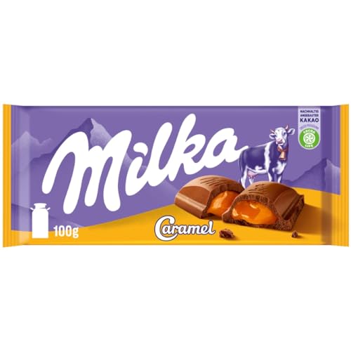 Milka Caramel 1 x 100g I Alpenmilch-Schokolade I mit flüssigem Karamell-Kern I Milka Schokolade aus 100% Alpenmilch I Tafelschokolade von Milka