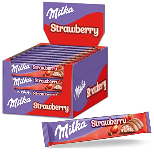 Milka Choco Erdbeer Riegel, 36 x 36,5g, Schokoladenriegel mit Erdbeer-Milchcrèmefüllung und Crispies von Milka