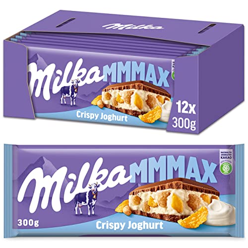 Milka Crispy-Joghurt Großtafel 12 x 300g, Zartschmelzende Schokoladentafel aus Alpenmilch mit Joghurtfüllung, Knusperreis und Cornflakes von Milka