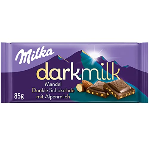 Milka Dark Milk Mandel – Zartschmelzende Alpenmilch Schokolade verfeinert mit extra Kakao und Mandelstückchen, 85 g von Milka