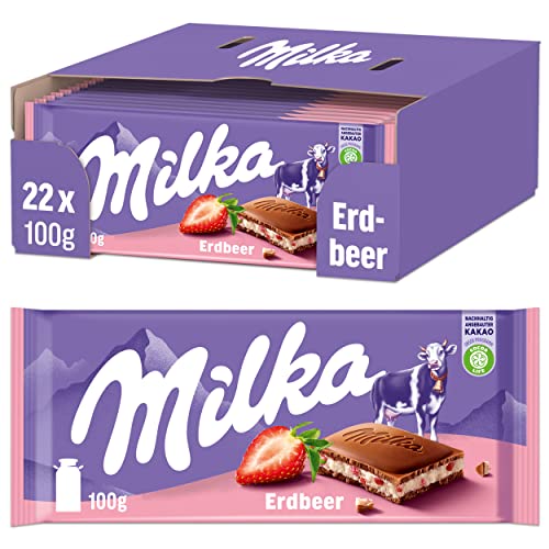 Milka Erdbeer 22 x 100g, Zartschmelzende Schokoladentafel mit Erdbeercrème von Milka