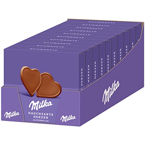 Milka Hauchzarte Herzen 10 x 130g, Zartschmelzende Milka Alpenmilch Schokolade als herzförmige Täfelchen von Milka