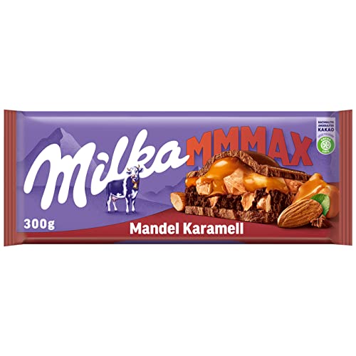 Milka Mandel Karamell 1 x 300g I Großtafel I Alpenmilch-Schokolade I mit Kakaocréme-Mandel-Füllung und Karamell I leicht salzig I Milka Nuss-Schokolade aus 100% Alpenmilch I Tafelschokolade von Milka