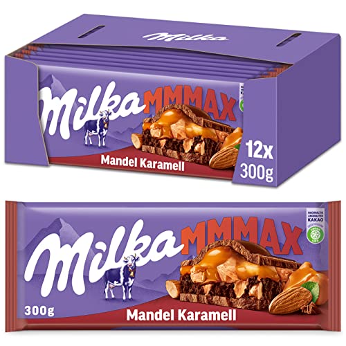 Milka Mandel Karamell 12 x 300g Großtafel, Zartschmelzende Milka Vollmilchschokolade mit Mandel-Kakaocrème-Füllung und Karamell von Milka