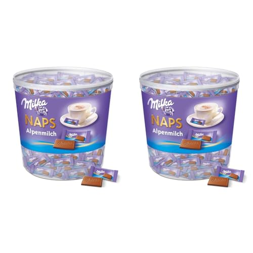 Milka Naps Alpenmilch 1 x 1kg, Zartschmelzende Mini-Schokoladentäfelchen aus feiner Alpenmilchschokolade, Dose (Packung mit 2) von Milka