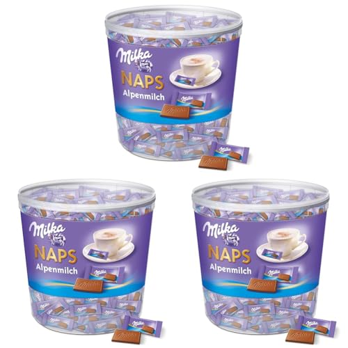 Milka Naps Alpenmilch 1 x 1kg, Zartschmelzende Mini-Schokoladentäfelchen aus feiner Alpenmilchschokolade, Dose (Packung mit 3) von Milka