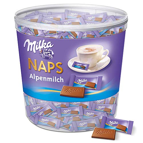 Milka Naps Alpenmilch 1 x 1kg, Zartschmelzende Mini-Schokoladentäfelchen aus feiner Alpenmilchschokolade, Dose von Milka