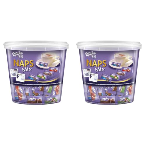 Milka Naps Mix 1 x 1kg Dose, Zartschmelzende Mini-Schokoladentäfelchen aus Alpenmilch, Erdbeer, Haselnuss und Crème au Cacao (Packung mit 2) von Milka
