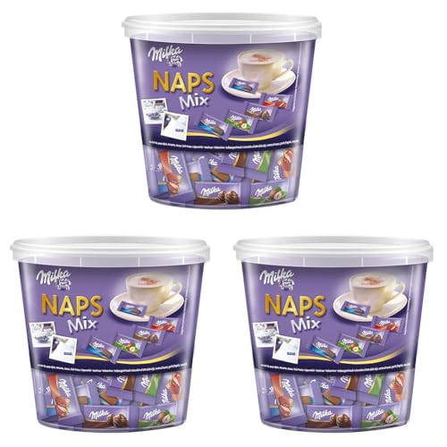 Milka Naps Mix 1 x 1kg Dose, Zartschmelzende Mini-Schokoladentäfelchen aus Alpenmilch, Erdbeer, Haselnuss und Crème au Cacao (Packung mit 3) von Milka