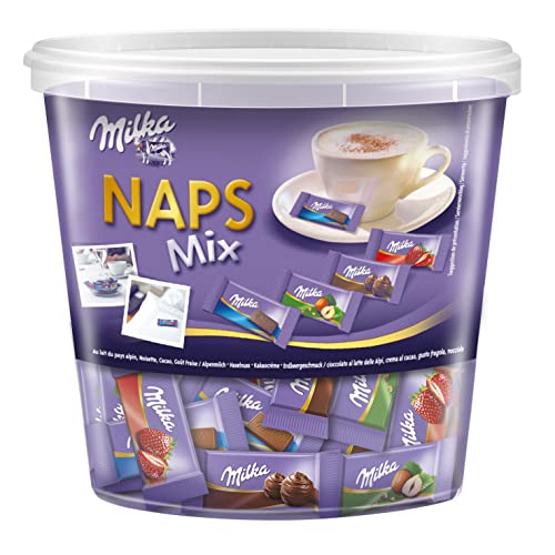 Milka Naps Mix 1 x 1kg Dose, Zartschmelzende Mini-Schokoladentäfelchen aus Alpenmilch, Erdbeer, Haselnuss und Crème au Cacao von Milka