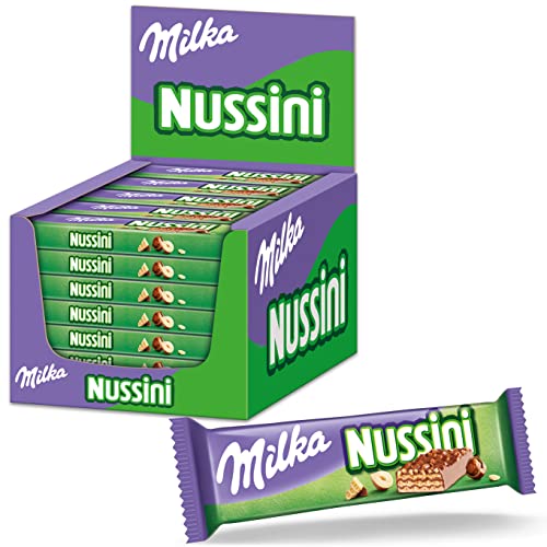 Milka Nussini Riegel, 35 Riegel à 31,5g, Haselnusscrème-Waffelschnitten mit Schokoladenüberzug Milka Nussini Riegel, 35 Riegel à 31,5g, Haselnusscrème-Waffelschnitten mit Schokoladenüberzug von Milka