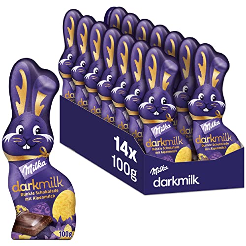 Milka Schmunzelhase Dark Milk 14 x 100g I Osterschokolade Großpackung I dunkle Schokolade I Osterhasen Schokolade aus 100% Alpenmilch von Milka