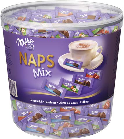 Milka Schokoladentäfelchen, NAPS Mix, Alpenmilch/Haselnuss/Crème au Cacao/Erdbeer, Klarsichtdose, 218 x 4,6 g (1 kg) von Milka