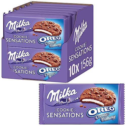 Milka Sensations OREO 12 x 156g, Kakaokekse mit Alpenmilch Schokoladenstückchen und Crèmefüllung von Milka