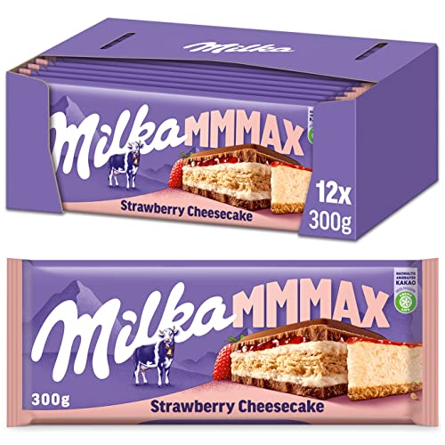 Milka Strawberry Cheesecake 12 x 300 g – Schokoladentafel aus Alpenmilch mit Erdbeer-Käsekuchen-Füllung und Keks von Milka