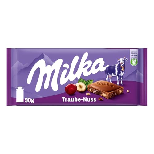 Milka Traube Nuss Schokolade, Tafelschokolade aus 100% Alpenmilchmit zerkleinerten Nüssen und Rosinen, 1x 90g von Milka