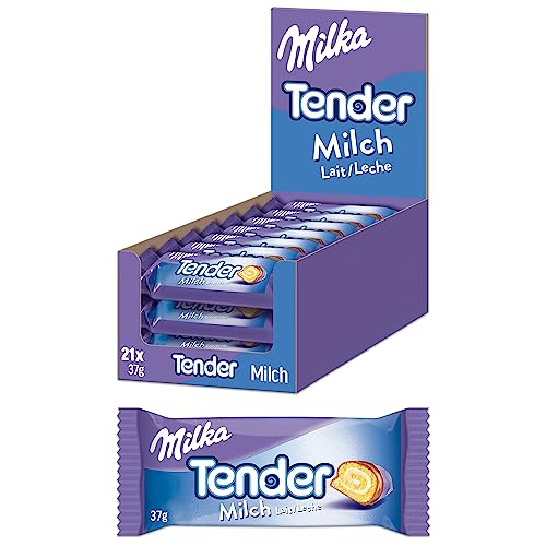 Milka Tender Milch 21 x 37g, Biskuit-Rolle mit Milchcrèmefüllung und Vollmilchschokolade von Milka