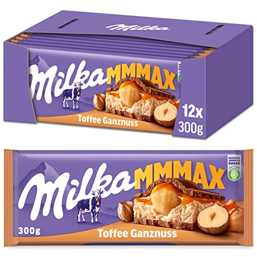 Milka Toffee Ganznuss 12 x 300g Großtafel, Zartschmelzende Schokoladentafel mit cremigem Karamel und ganze Haselnüsse von Milka