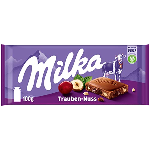 Milka Trauben-Nuss 1 x 100g I Alpenmilch-Schokolade I mit Rosinen und Haselnuss-Stückchen I Milka Schokolade aus 100% Alpenmilch I Tafelschokolade von Milka