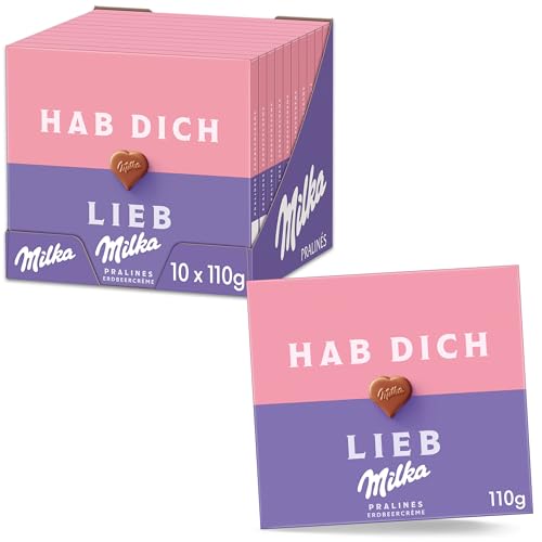 Milka Hab Dich Lieb Pralinen Erdbeercreme 10 x 110g, Pralinen aus zarter Alpenmilch Schokolade gefüllt mit feinster Erdbeercreme Milka Hab Dich Lieb Pralinen Erdbeercreme 10 x 110g, Pralinen aus zarter Alpenmilch Schokolade gefüllt mit feinster Erdbeercreme von Milka