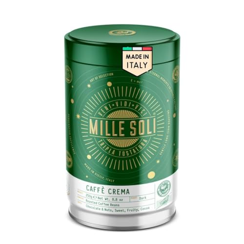MilleSoli Caffè Crema 250g in hochwertiger Kaffeedose - geröstet in Sizilien - Jahrhundertaltes Röstverfahren In Handarbeit - Premium Kaffeebohnen für Vollautomat und Siebträger von MilleSoli