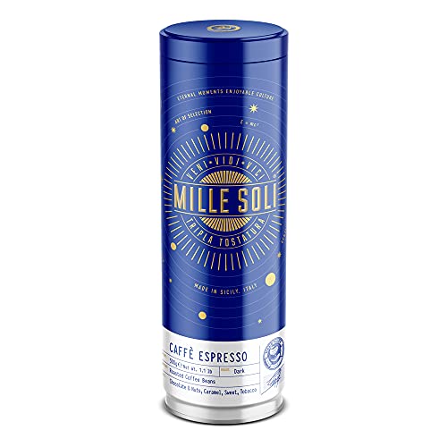 MilleSoli Caffè Espresso Bohnen 500g in hochwertiger Kaffeedose luftdicht - geröstet in Sizilien - Jahrhundertaltes Röstverfahren In Handarbeit - Premium Espressobohnen für Vollautomat und Siebträger MilleSoli Caffè Espresso Bohnen 500g in hochwertiger Kaffeedose luftdicht - geröstet in Sizilien - Jahrhundertaltes Röstverfahren In Handarbeit - Premium Espressobohnen für Vollautomat und Siebträger von MilleSoli