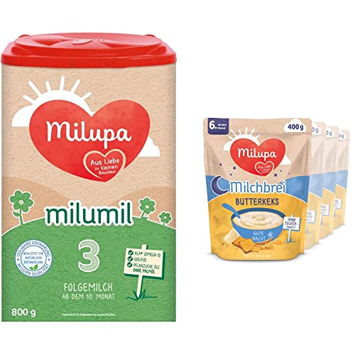 Bundle aus Milupa Milumil 3 Babynahrung, Folgemilch ab dem 10. Monat, 800g + Milupa Milchbrei Butterkeks, Gute Nacht, ohne Zuckerzusatz, 4 x 400g von Milupa