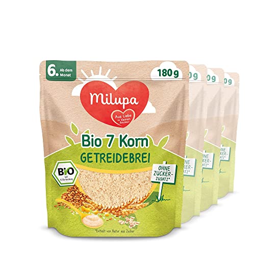 Milupa Bio 7 Korn Getreidebrei – Babybrei ab dem 6. Monat, Ohne Zuckerzusatz, Babynahrung, Beikost, 4 x 180g von Milupa