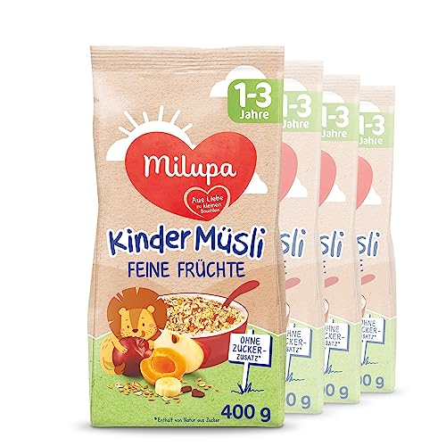 Milupa Kindermüsli Feine Früchte – Getreide Frühstück Müsli von 1 bis 3 Jahre, Ohne Zuckerzusatz, Babynahrung, 4 x 400g von Milupa