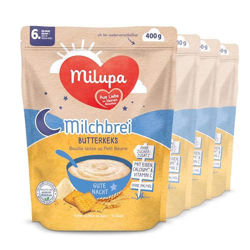 Milupa Milchbrei Gute Nacht – "Butterkeks" Babybrei ab dem 6. Monat, Ohne Zuckerzusatz, Babynahrung, Beikost, 4er Pack, 4 x 400 g von Milupa