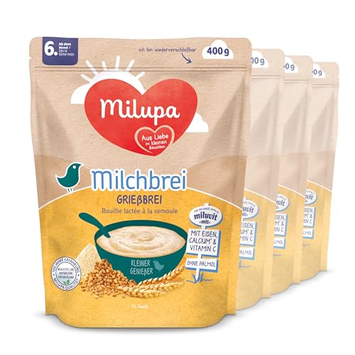 Milupa Miluvit Milchbrei Guten Morgen – "Grieß" Babybrei ab dem 6. Monat, Ohne Zuckerzusatz, Babynahrung, Beikost, 4er Pack, 4 x 400 g von Milupa