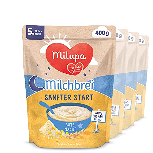 Milupa Milchbrei Gute Nacht – "Sanfter Start" Babybrei ab dem 5. Monat, Ohne Zuckerzusatz, Babynahrung, Beikost, 4er Pack, 4 x 400 g von Milupa