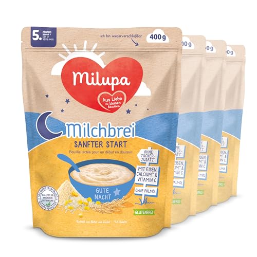 Milupa Milchbrei Gute Nacht – "Sanfter Start" Babybrei ab dem 5. Monat, Ohne Zuckerzusatz, Babynahrung, Beikost, 4er Pack, 4 x 400 g von Milupa