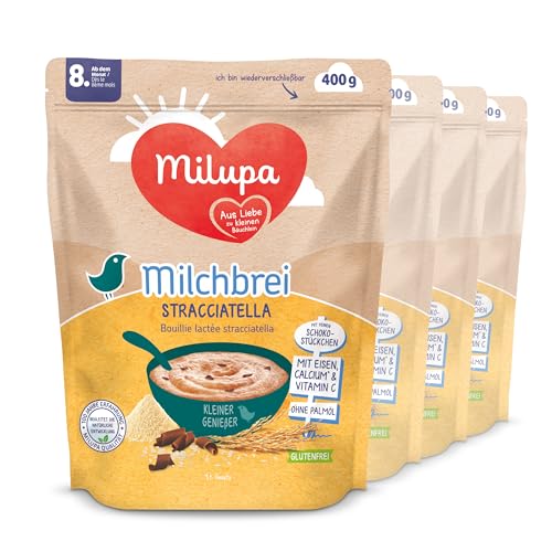 Milupa Milchbrei Kleiner Genießer – "Stracciatella" Babybrei ab dem 8. Monat, Glutenfrei, Babynahrung, Beikost, 4er Pack, 4 x 400 g von Milupa