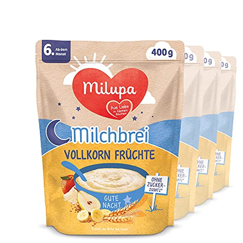 Milupa Milchbrei Gute Nacht – "Vollkorn Früchte" Babybrei ab dem 6. Monat, Ohne Zuckerzusatz, Babynahrung, Beikost, 4er Pack, 4 x 400 g von Milupa