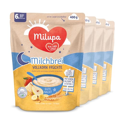 Milupa Milchbrei Vollkorn Früchte – Babybrei ohne Palmöl – Frei von Konservierungs- und Farbstoffen – Ab dem 6. Monat – 4 x 400 g von Milupa