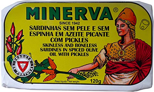Minerva Portugiesische Sardinen OHNE HAUT UND GRÄTEN in gewürztem Olivenöl, mit Pickles 120 g - reich an Omega-3 | Portugal von Minerva