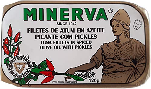 Minerva Thunfischfilets in pikantem Olivenöl, mit Pickles 120 g - von Hand eingemacht und verpackt - reich an Omega-3 | Portugal von Minerva