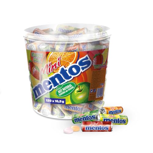 Mentos Mini Fruit Mix Bucket, Eimer mit 120 Mini-Rollen à 5 Frucht-Dragees, Kaubonbons in den Sorten Orange, Erdbeere, Apfel & Zitrone, vegan von MENTOS