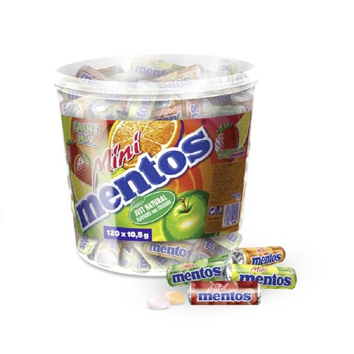Mini Mentos Fruit Mix, Eimer mit 120 Rollen Kaubonbons, Box Frucht-Dragees, Geschmack Orange + Erbeere + Apfel + Zitrone von MENTOS