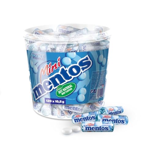 Mini Mentos Mint Classic, Eimer mit 120 Rollen Kaubonbons, Aufbewahrungsbox Minz-Dragees, Pfefferminz-Geschmack von MENTOS