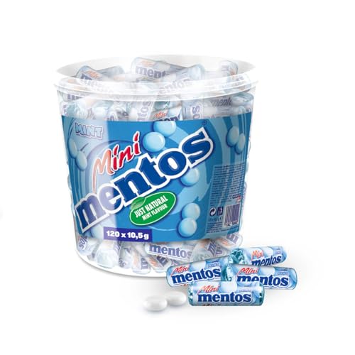 Mentos Mini Mint Classic Bucket, Eimer enthält 120 Mini-Rollen à 5 Minz-Dragees, Kaubonbons mit Pfefferminz-Geschmack, Aufbewahrungs-Box, vegan von MENTOS