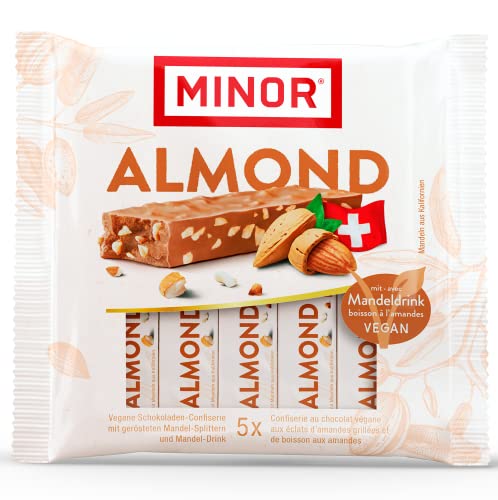 MINOR Almond Stängel | Veganer Schokoriegel aus der Schweiz | Schokoladen Riegel mit Mandel und Haselnuss Splittern | 100% natürliche Schokolade ohne Palmöl | zertifizierter Kakao von Minor