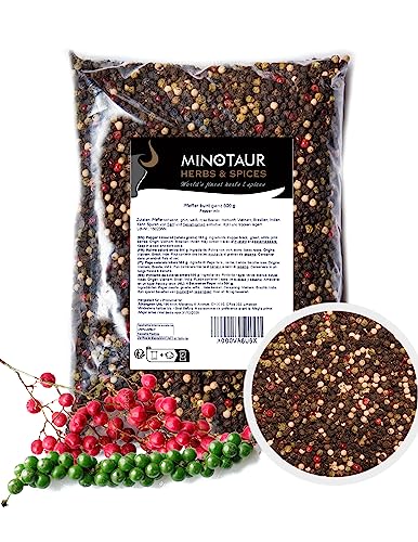 Minotaur Spices | Pfeffer bunt ganz | 2 x 500g (1 Kg) | Bunter Pfeffer aus schwarzen, weißen, grünen Pfefferkörnern und Rosa Beeren von MINOTAUR