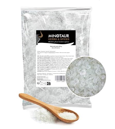 Minotaur Salt | Meersalz Grob für die Salzmühle 2 x 500 g (1 Kg) | Naturrein aus Griechenland (Mesolongi) mit natürlichem Jod aus dem Meer von MINOTAUR