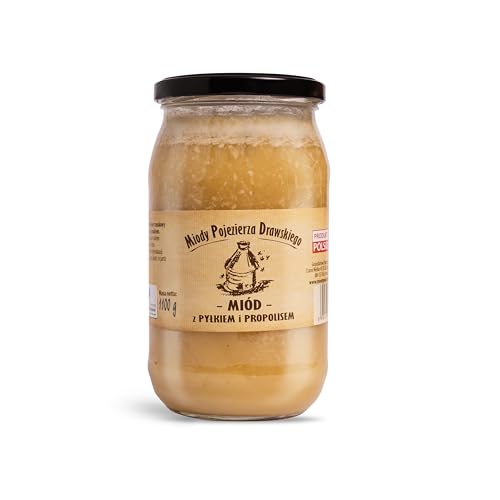 Honig mit Blütenpollen und Propolis (Miód z pyłkiem i propolisem) 1100 g - naturbelassener, natürlicher, nachhaltiger Akazien Honig von Miody Pojezierza Drawskiego